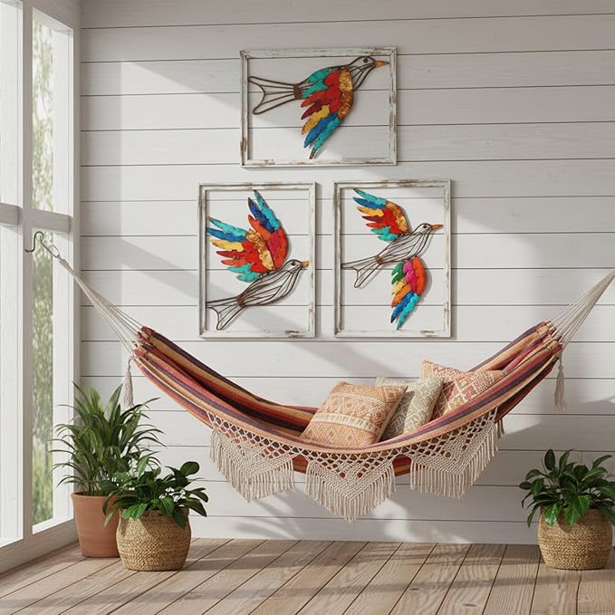Newinhome Boho Metal Wall Art Birds,Wall Decor Colorful Bird 3 Pieces, Rustic Bird Wall Art,Farmhouse Home Wall Decor for Living Room Bedroom Bathroom house warming gift