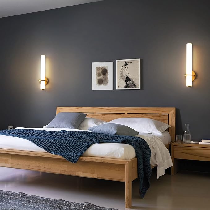 Gold Wall Sconces Set of Two - 18 inch Dimmable Modern Sconces Wall Lighting 18W 3000K LED Wall Lights Acrylic Lampshade Hardwired Wall Light Fixtures for Living Room Bedroom Bathroom Hallway