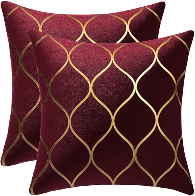Gold Velvet Throw Pillow Covers: 2 Pack 22x22 Inch Square Decorative Pillow Cases for Bedroom Sofa Couch Living Room, Christmas Burgundy Red