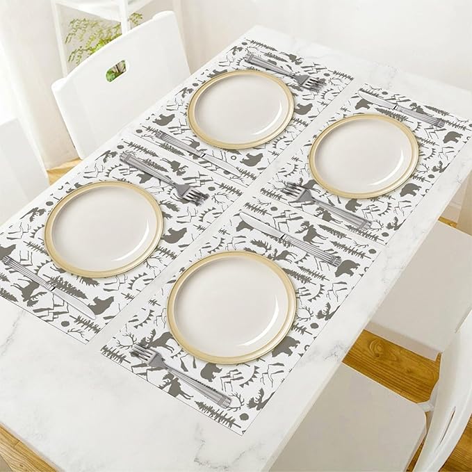 Retro Bear Placemat Set of 6, 12x18 Inch Vintage Grey Wildlife Aniamal Forest Tree Cabin Country Lodge Farmhosue Coffee Table Mats for Outdoor Kitchen Dining Table Decoration