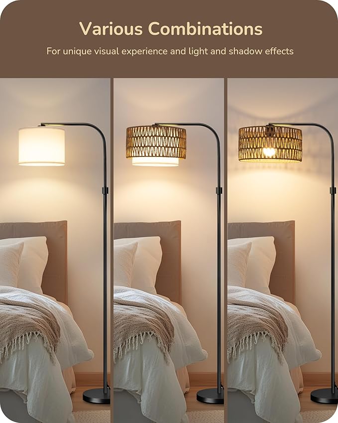 EDISHINE Arc Floor Lamps for Living Room Rattan Boho Floor Lamp with Remote Control,Dimmable Standing Lamp Wicker Lamp Shades Black Standing Lamp with 5 Color Temperature Tall Floor Lamps for Bedroom