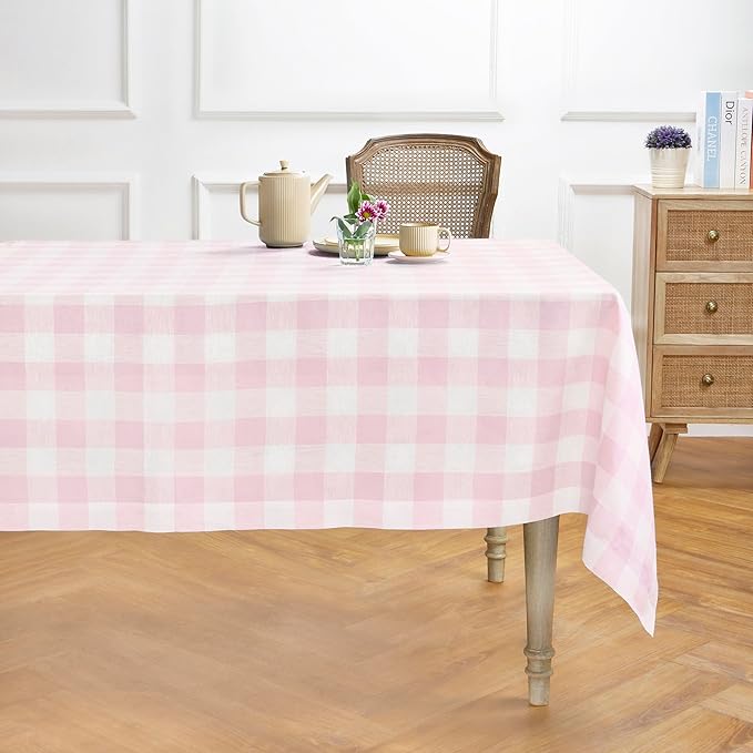 Solino Home Linen Checkered Tablecloth 60 x 108 Inch - 100% Pure Linen Marshmellow Pink Buffalo Plaid Table Cloth for Rectangle Tables - Machine Washable Tablecloth