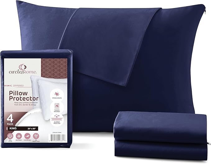 CirclesHome Pillow Protectors 4 Pack King Zippered - 100% Cotton Breathable Pillowcases - Protects Pillows from Dirt, Dust and Debris (King - Set of 4 - 20x36)