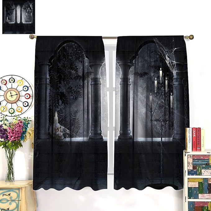 Gothic Mid Century Skeleton Blackout Curtains, Vintage Castle Skull Candlesticks Halloween Horror Spider Web Window Drapes, for Living Room Bedroom 26(W)*84(L) 2 Panels