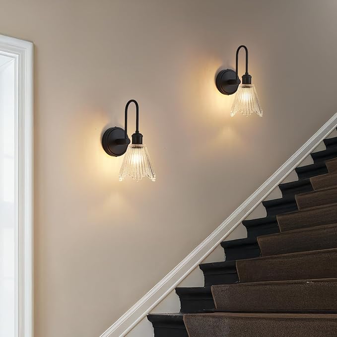 Wall Sconce Set of 2, Black Vintage Light Fixtures with Long Clear Glass Lampshade, Hardwired Sconces Wall Lighting for Bedroom, Bathroom, Living Room | Includes 2 LED Bulbs