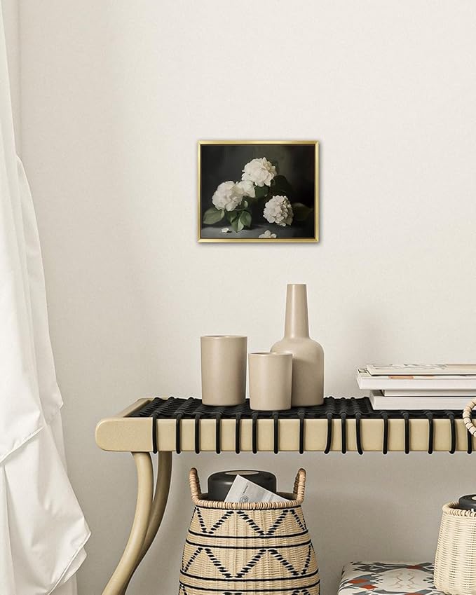AIMAILON Vintage Gold Canvas Wall Art Framed Decor Classical Botanical Aesthetic Picture Blooming White Hydrangea Flowers Artwork Retro Light Boho Print Desktop Decoration 10x12