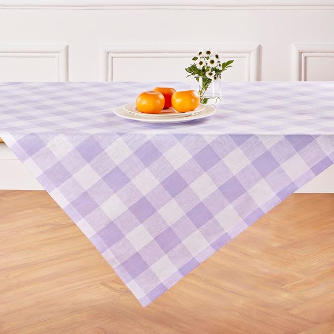 Solino Home Linen Checkered Tablecloth 52 x 52 Inch - 100% Pure Linen Misty Lavender Buffalo Plaid Square Tablecloth - Machine Washable Table Throw