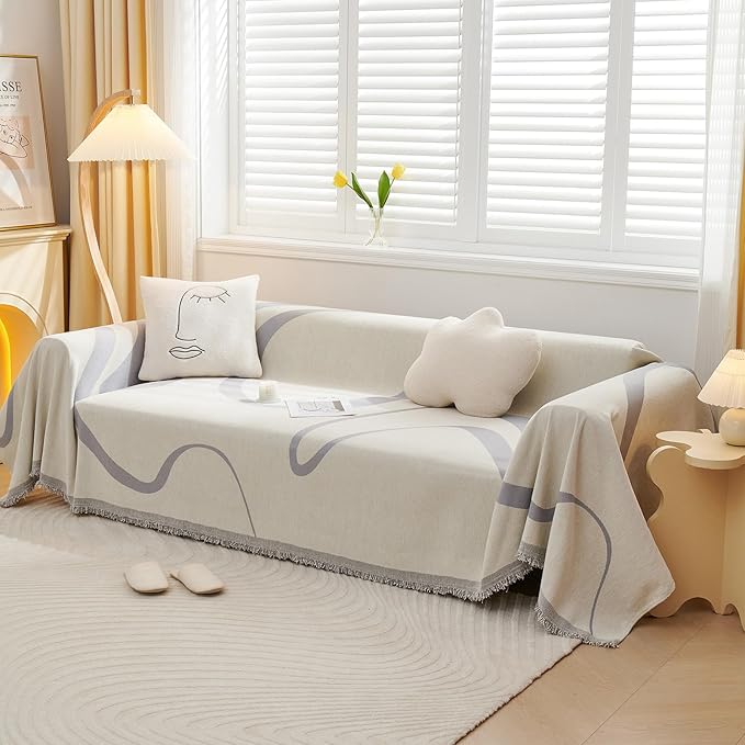 VClife Sofa Couch Cover Washable- Modern White and Gray Striped Jacquard Couch Cover for 2 Cushion Couch 71''x118'' - 1 Piece Soft Chenille Large Sofa Covers Slipcover for Living Room Bedroom