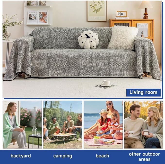 ROOMLIFE Couch Cover Black Boho Sofa Covers for 3 Cushion Couch Washable, Furniture Protector Sofa Couch Cover for Dogs, Soft Breathable Sofa Slipcover, Couch Throw Blankets with Tassels 71''X150''