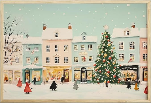 OZCONO Snowy Christmas Village Art Print for Winter Home Decor, Festive Holiday Town Scene Wall Art, Farmhouse Christmas Decoration, Cozy Seasonal Interior Artwork (Unframed) (24x36)