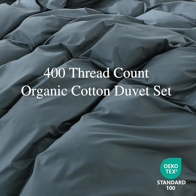 100% Organic Cotton Duvet Cover King 400 Thread Count Sateen Comforter Cover Soft and Breathable Cooling Bedding Set 3 Piece（Lake Blue,King）