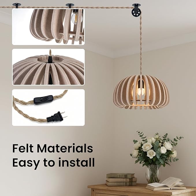 Pendant Light with Felt Lampshade, Modern Hanging Lamp Fixture, DIY Acoustic Plug-in Pendant Light for Kitchen Island, Living Room, Dining Room, Bedroom, Office (D13.7"x7.8")