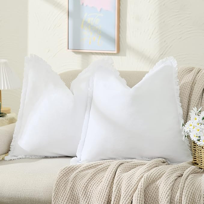 ZWJD Pillow Covers 20x20 Set of 2 White Throw Pillow Covers with Fringe Chic Cotton Decorative Pillows Square Cushion Covers for Sofa Couch Bed Living Room Farmhouse Boho Decor