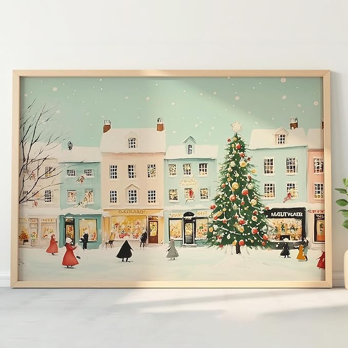 OZCONO Snowy Christmas Village Art Print for Winter Home Decor, Festive Holiday Town Scene Wall Art, Farmhouse Christmas Decoration, Cozy Seasonal Interior Artwork (Unframed) (12x18)
