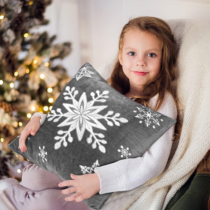 Lewondr Christmas Throw Pillow Covers, 20x20 Inch Snowflake Embroidery Pillow Cases Home Xmas Decorative Holiday Decor Cushion Covers Soft Velvet Pillow Cover for Sofa Bed Chair Set of 2, Gray