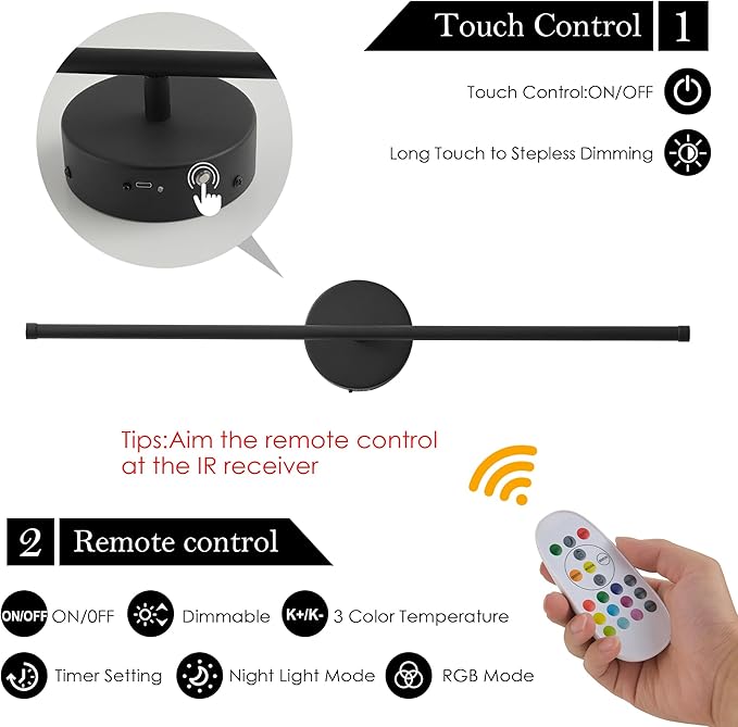 Battery Operated Wall Sconces Set of Two, with Remote Control, Dimmable, Warm White/Natural White/Daylight/RGB, 350°Rotate, LED Black Wireless Wall Light for Living Room, Bedroom, 24.4 Inch