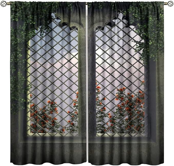 Gothic Mid Century Flower Blackout Curtains, Vintage Castle Botanical Floral Print Pattern Window Drapes, for Living Room Bedroom 26(W)*84(L) 2 Panels