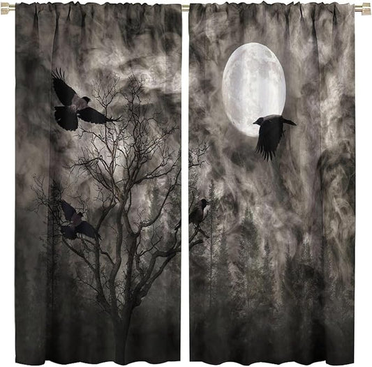 Gothic Crow Blackout Window Curtains, Gothic Style Dark Sky Full Moon Raven Halloween Pattern Window Drapes, for Home Bedroom Living Room 31.5(W)*72(L) 2 Panels