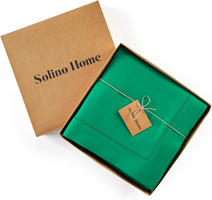 Solino Home Linen Tablecloth 60 x 90 Inch - Classic Hemstitch 100% Pure Linen Emerald Green Table Cloth for Rectangle Tables - Machine Washable Tablecloth for Christmas