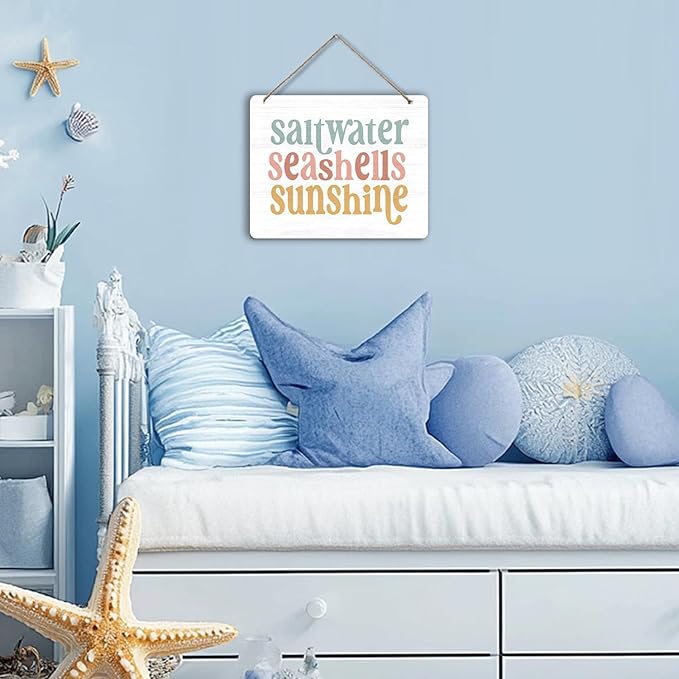 Udinaz Summer Coastal Beach Hanging Sign, Coastal Summer Beachy Wall Decor, Saltwater Seashells Sunshine Hanging Wood Plaque Decor for Home Room Bedroom Beach House Wall Door Decorations