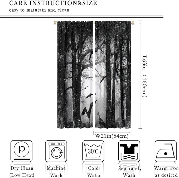 Gothic Forest Blackout Window Curtains, Halloween Style Foggy Forest Dead Trees Crow Print Curtains, for Bedroom Living Room 21(W)*63(L) 2 Panels