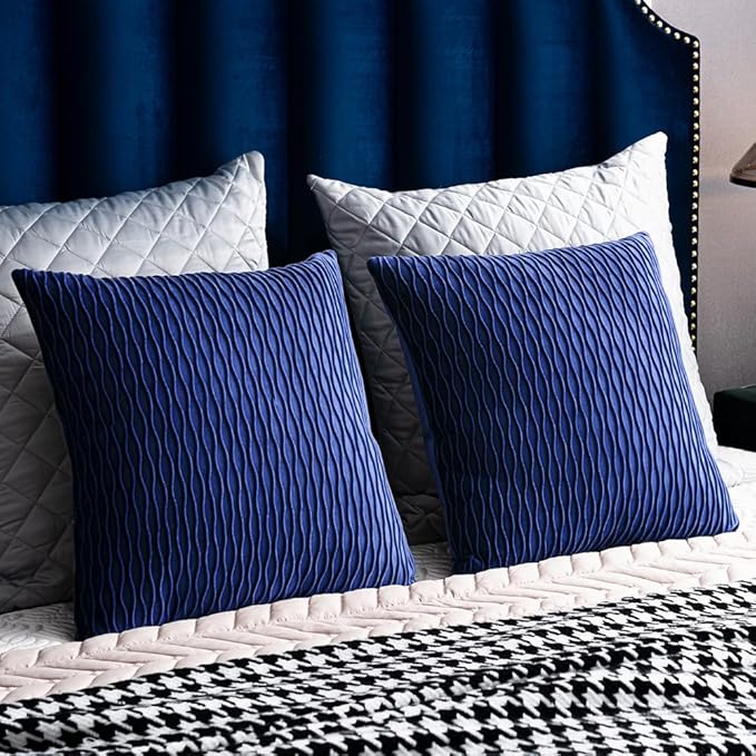 20x20 Blue Throw Pillow Covers: 2 Pack Original Striped Velvet Square Decorative Pillow Cases for Farmhouse Couch