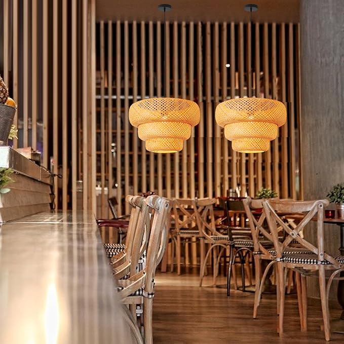 Bamboo Pendant Light,18.5" Boho Rattan Hanging Light 3-Tier Hand Woven Wicker Chandelier for Kitchen Island for Kitchen Island Dining Bedroom Living Room Restaurants