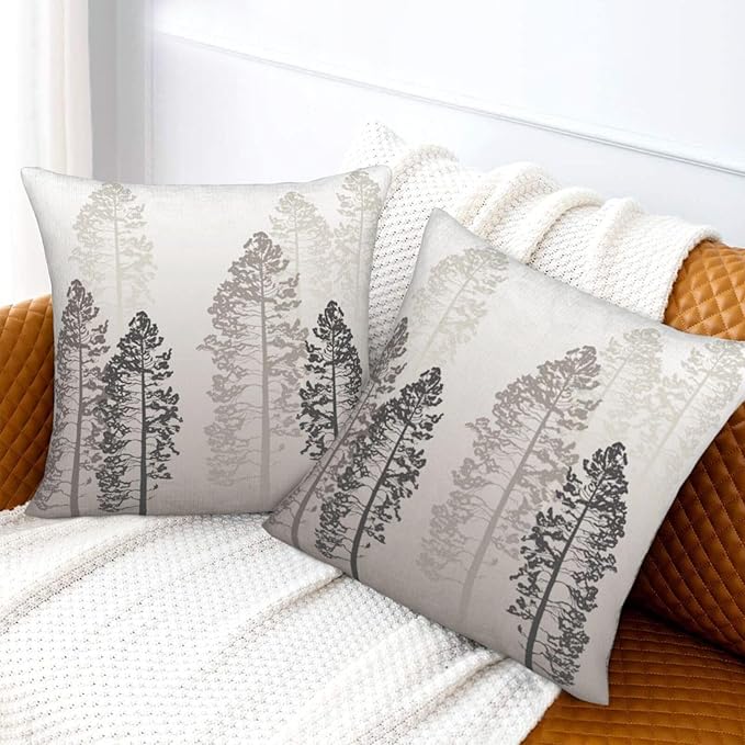 Grey Tree Pillow Covers 20x20 Inch Set of 2 Forest Gray Beige Throw Pillow Cover Nature Pine Trees Square Pillowcase Cushion Cases for Home Couch Bed Sofa