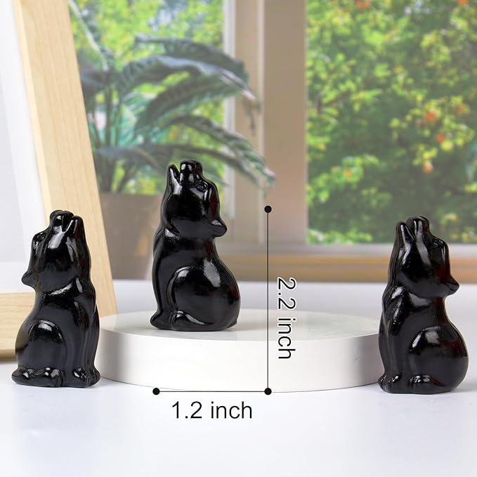 Obsidian Howling Wolf Crystal Figurines, 2.2 Inch Black Wolf Totem Spirit Animal Statue Decor for Home Office Desk Altar, Hand Carved Natural Healing Crystal Sculpture Gifts for Women Men