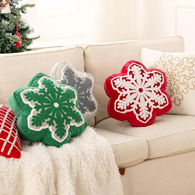 Phantoscope Merry Christmas Snowflake Shaped Throw Pillow, Velvet Xmas Embroidered Snowflake Pillow Decorative Christmas Cushion Pillow for Couch Living Room, Red, 16 x 16 inches