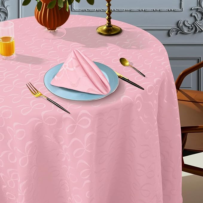 Pink Round Tablecloth, 1PC Circle Table Cover 70" (Seat 4-6) - Cotton Polyester Blend,Fade Resistant, Washable & Reusable - Luxury Jacquard Table Cloth for Birthday Parties & Weddings, Bows Design