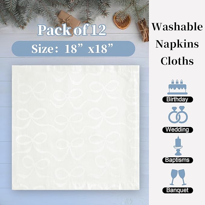 Off White Cloth Napkins Set of 12, 18"x18" - Cotton & Polyester, Wrinkle/Fade Resistant, Washable & Reusable - Wedding Napkins for Reception, Jacquard Napkin for Engagement Party, Bows Design