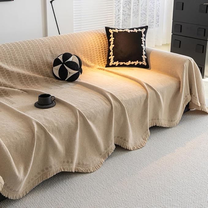 ROOMLIFE Khaki Sofa Cover, Vintage Boho Couch Cover for 3 Cushion Sofa, Non Slip Soft Chenille Sofa Slipcovers for Dog, Washable Furniture Sofa Protector Cover with Tassel for Living Room, 71''X150”