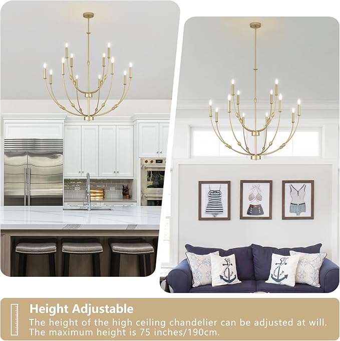 Large Gold Chandelier Light Fixture, 2 Tier 12-Lights Long Chandeliers for High Ceilings, Modern Candle Chandelier for Living Room Foyer Entryway