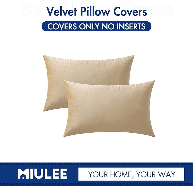 MIULEE Pack of 2 Beige Velvet Throw Pillow Covers 12x20 Inch Soft Solid Decorative Set Lumbar Cushion Cases for Spring Couch Sofa Bedroom