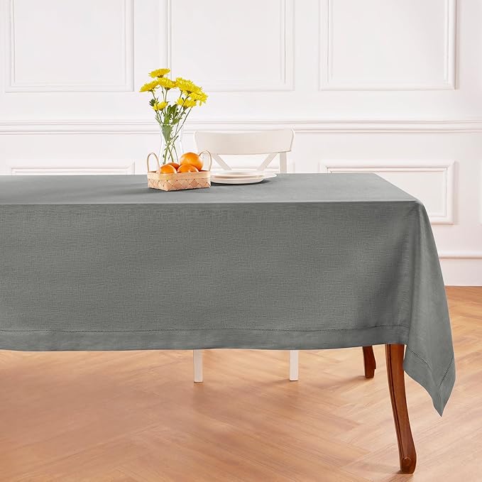 Solino Home Linen Tablecloth 60 x 120 Inch - Classic Hemstitch 100% Pure Linen Steel Gray Table Cloth for Rectangle Tables - Machine Washable Tablecloth for Fall, Autumn