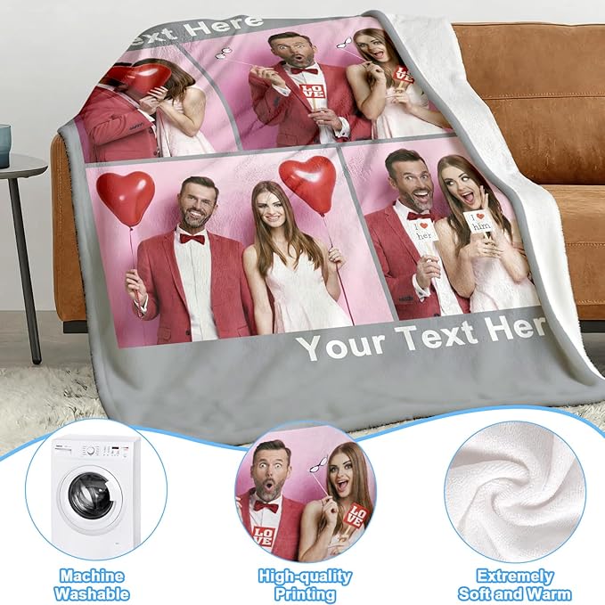 Jecivila Custom Blanket with Picture Text Personalized Photo Flannel Throw Blankets Customized Couple Gifts for Girlfriend Boyfriend Wife Husband on Valentine's Day Birthday