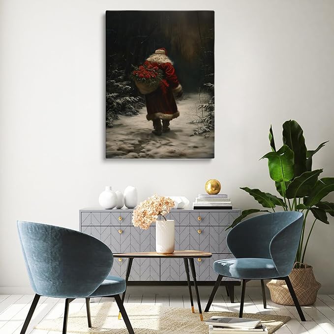 Dark Christmas Santa Wall Art Prints,Moody Christmas Holiday Decor,Moody Santa Claus with Roses,Dark Academia Christmas Print