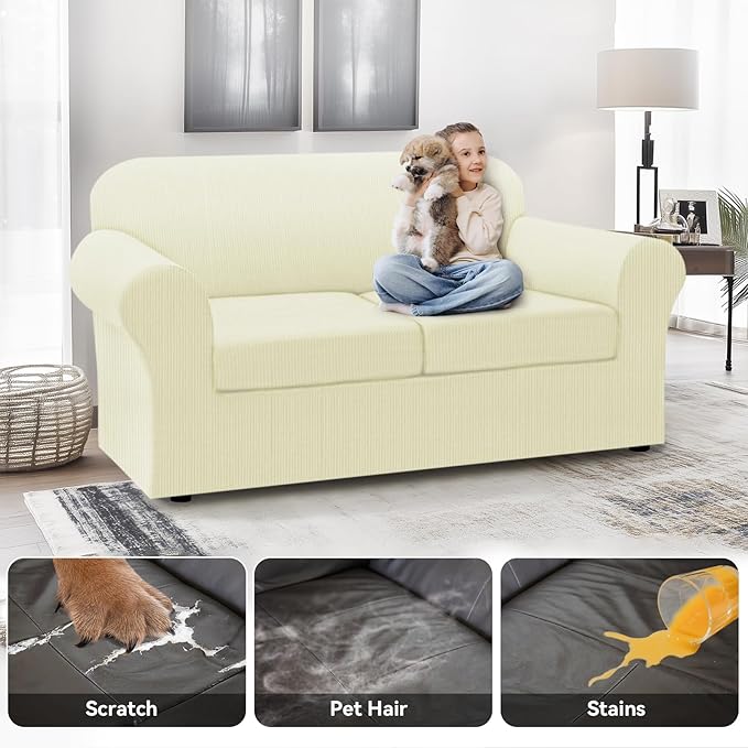 100% WaterproofLoveseat Cover 3-Piece Set Striped Loveseat Slipcovers for 2 Cushion Couch Sofa Covers with TPU Leakproof Bottom Stretch Couch Protector Pet Proof - Loveseat, Beige