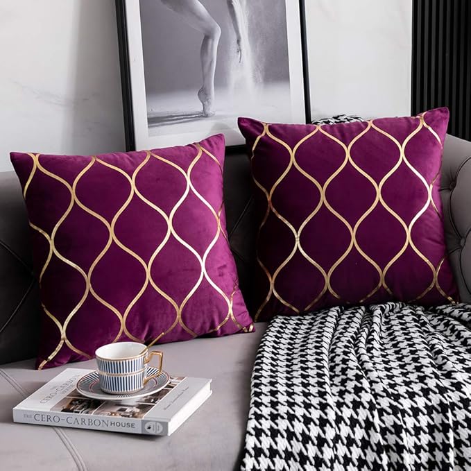 Gold Velvet Throw Pillow Covers Purple: 2 Pack 22x22 Inch Square Decorative Pillow Cases for Bedroom Sofa Couch Living Room