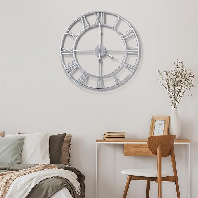 1st owned Large Wall Clock, Metal Retro Roman Numeral Clock, Modern Round Wall Clocks Almost Silent, Easy to Read for Living Room/Home/Kitchen/Bedroom/Office/School Decor (Silver, 18.5 Inch)