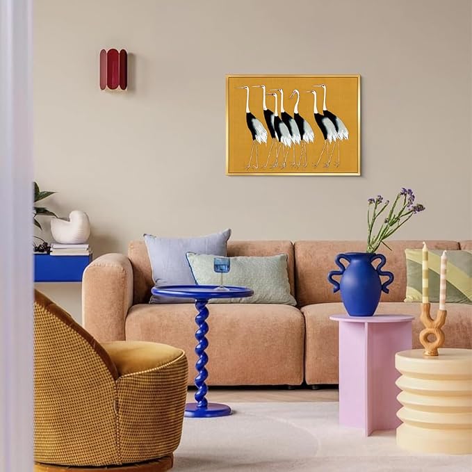 AIMAILON Vintage Gold Canvas Wall Art Framed Decor Animal Theme Artwork Elegance Groups of Red Crowned Crane Print Retro Picture Home Decoration for Study Room Bedroom Office 12x16
