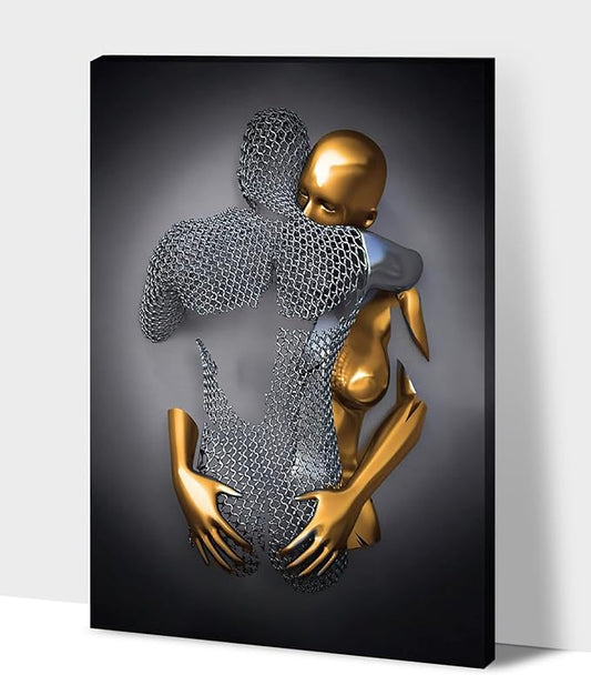 3D Metal Effect Wall Art - 3D Metal Canvas Art, 3D Metal Canvas Art 3D Canvas Art Wall Decor for Modern Living Room, Framed Romantic Couple Living Room Canvas Wall Art 24”x36”x1Pcs