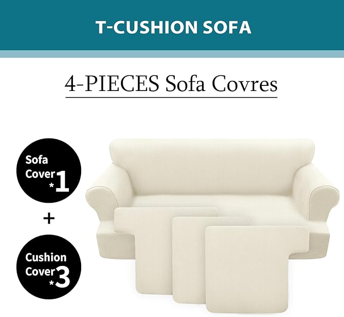 T Cushion Sofa Slipcover 4 Pieces Sofa Covers for T Cushion Couch Soft Sofa Slip Covers Furniture Protector with 3 Individual T Shape Seat Covers (Light Yellow, 3 Cushions)