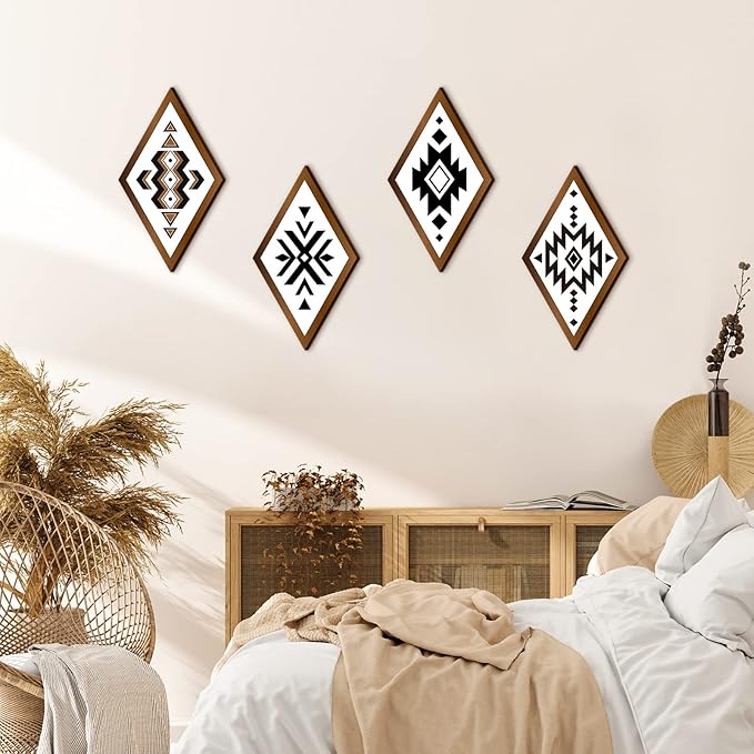 Nuenen 6 Pcs Aztec Wall Decor, Farmhouse Southwest Home Decor, Boho Wall Art Western Geometric Diamond Frame Hanging Aztec Print Abstract Shape Wood Modern Art Decoration for Bedroom Bathroom Office
