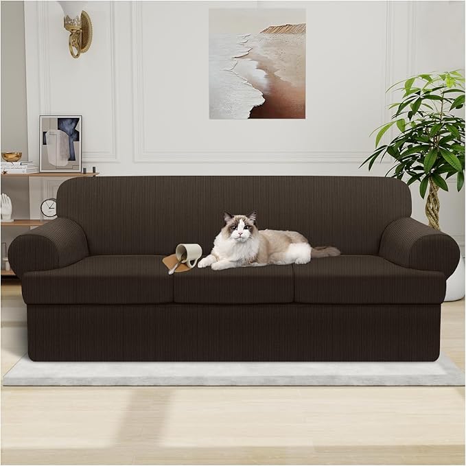 Waterproof Couch Cover 4-Piece Set Striped Sofa Slipcovers for 3 Separate T Cushion Couch - TPU Fabric Sofa Covers Leakproof Couch Protector for Kids, Pets(3 Cushion Sofa, Brown)