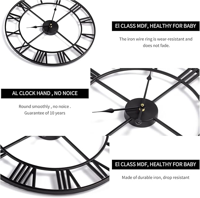 1st owned Large Wall Clock, Metal Retro Roman Numeral Clock, Modern Round Wall Clocks Almost Silent, Easy to Read for Living Room/Home/Kitchen/Bedroom/Office/School Decor (Silver, 24 Inch)
