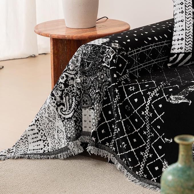 ROOMLIFE Boho Black Couch Covers for 3 Cushion Sofa, Chenille Couch Cover Sectional Sofa Cover for Dog, Washable Furniture Sofa Protector Cover Soft Blanket with Tassel for Living Room, 71 '' X 150''