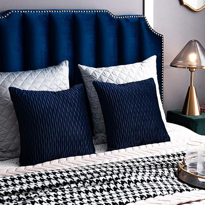 Navy Striped Couch Pillow Cases: 2 Pack 20x20 Inch Original Velvet Square Throw Pillow Covers for Farmhouse Home Decor
