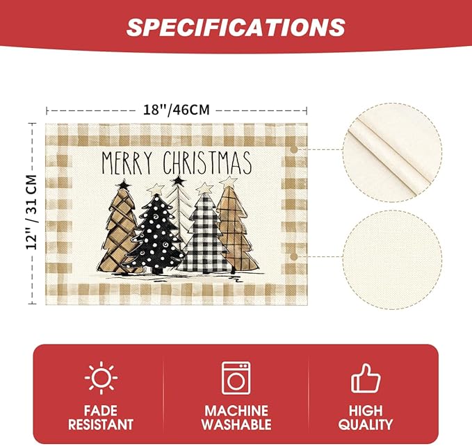 Artoid Mode Watercolor Brown Buffalo Plaid Christmas Trees Placemats Set of 6, 12x18 Inch Winter Table Mats for Party Kitchen Dining Decoration